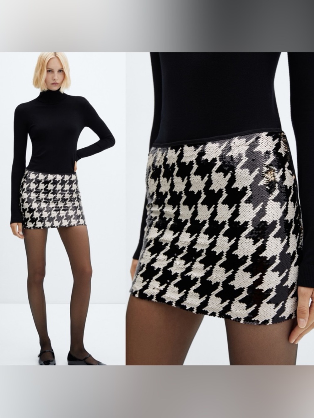 Zara Sequin Houndstooth Mini Skirt Black White Size S